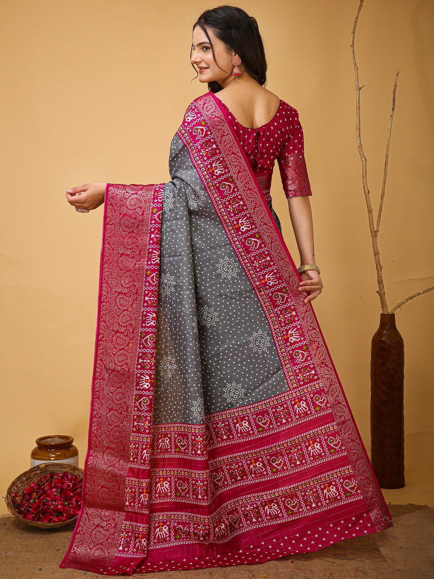 Grey Patola Dola Silk Printed Saree