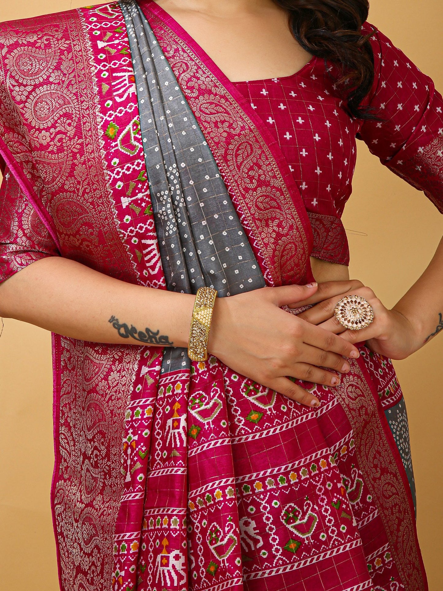 Grey Patola Dola Silk Printed Saree