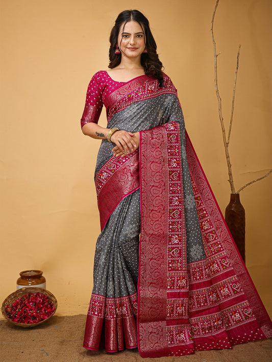 Grey Grey Patola Dola Silk Printed Saree