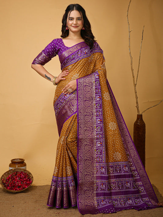 Yellow Mustard Patola Dola Silk Printed Saree
