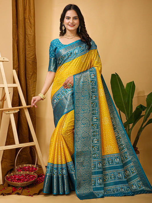 Yellow Yellow Patola Dola Silk Printed Saree