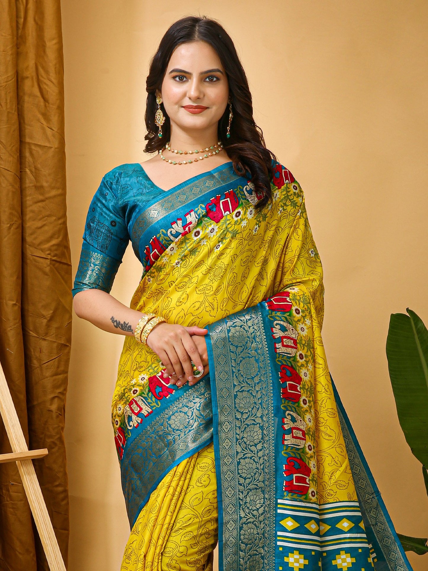 Yellow Sungudi Silk Blend Printed Saree