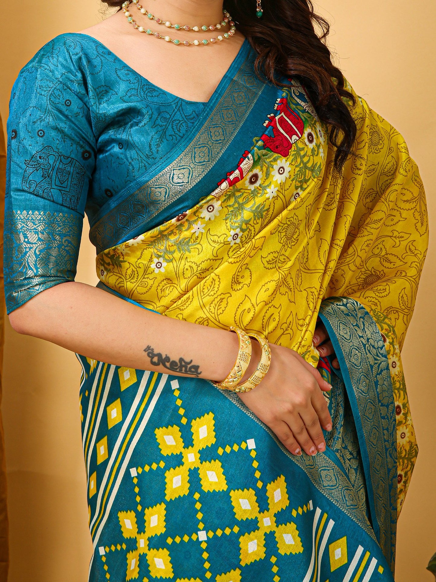 Yellow Sungudi Silk Blend Printed Saree