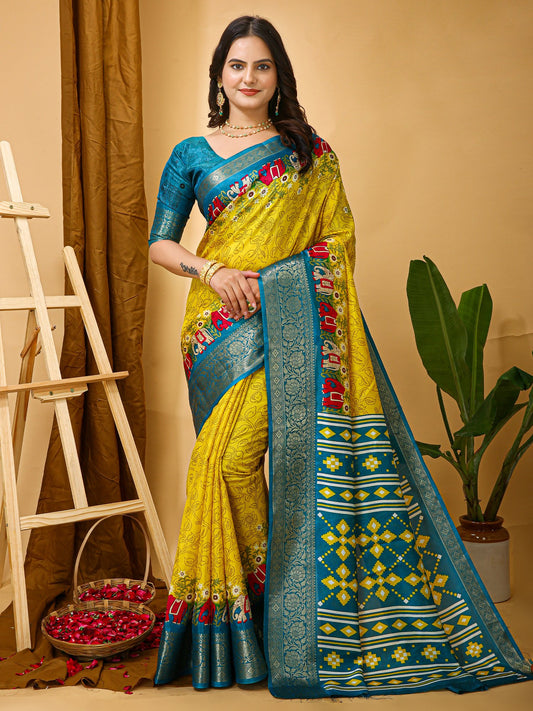 Yellow Yellow Sungudi Silk Blend Printed Saree
