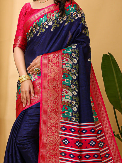 Navy Sungudi Silk Blend Printed Saree