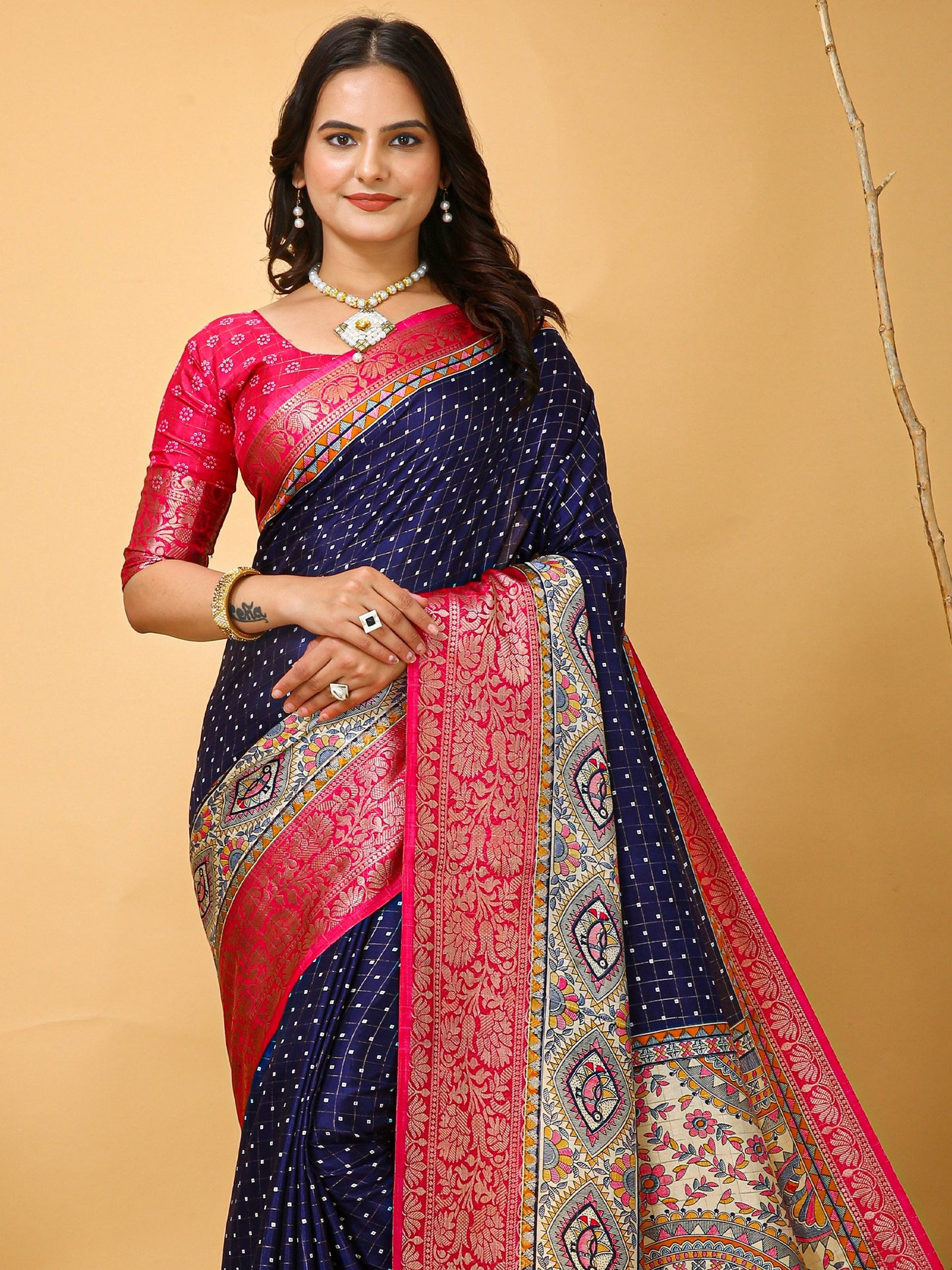 Navy Sungudi Silk Blend Printed Saree