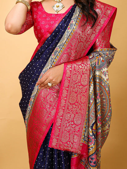 Navy Sungudi Silk Blend Printed Saree