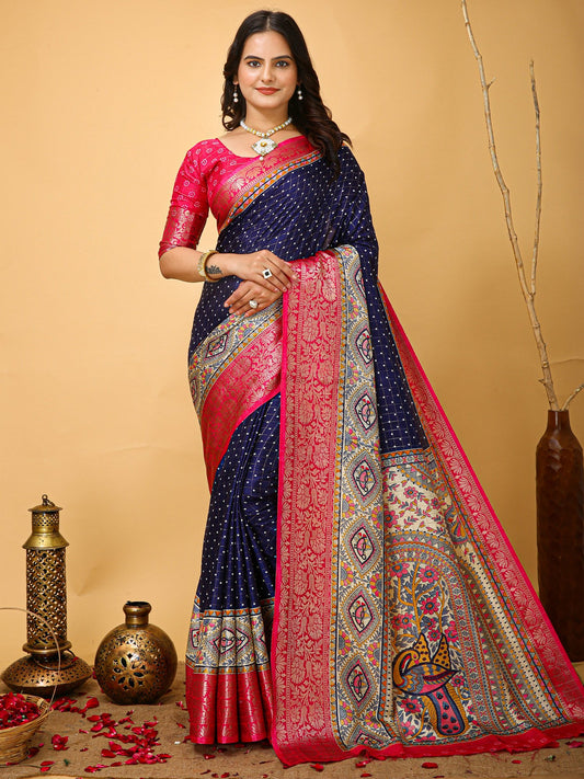 Blue Navy Sungudi Silk Blend Printed Saree