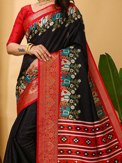 Black Sungudi Silk Blend Printed Saree