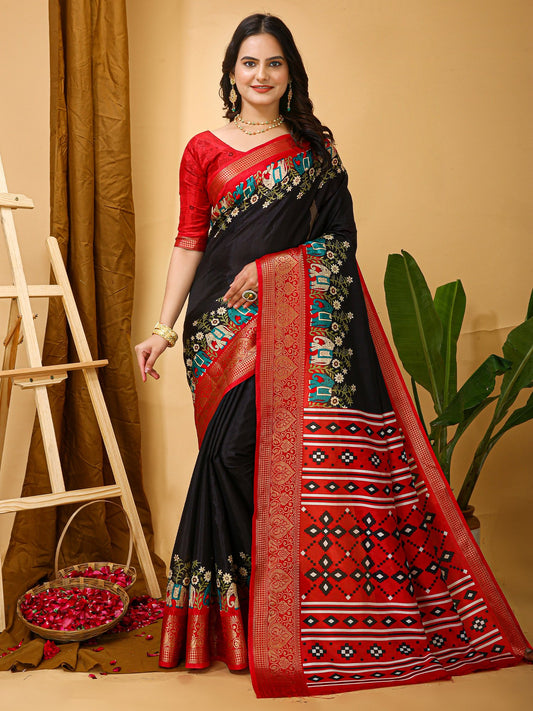 Black Black Sungudi Silk Blend Printed Saree
