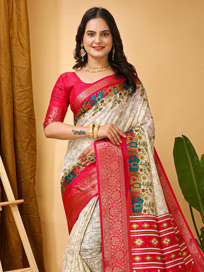 Cream Sungudi Silk Blend Printed Saree