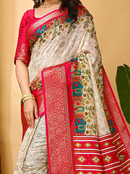 Cream Sungudi Silk Blend Printed Saree