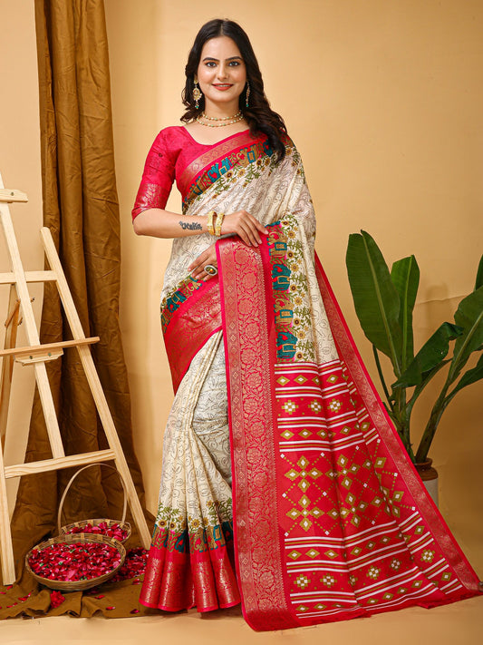 Cream Cream Sungudi Silk Blend Printed Saree