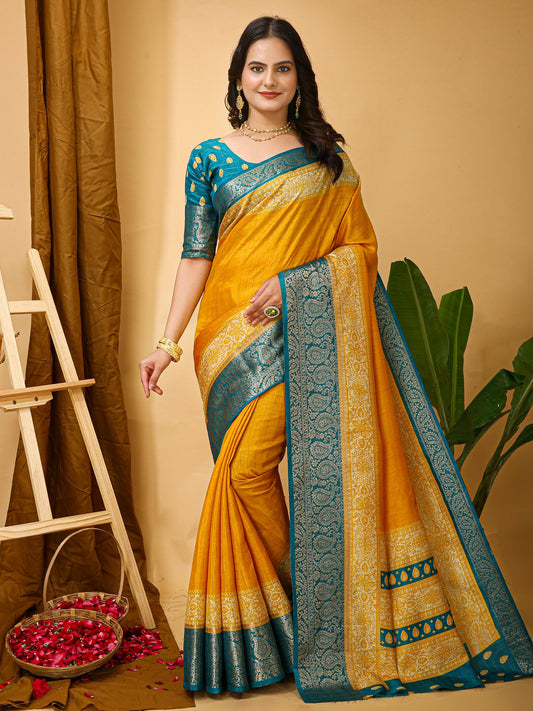 Yellow Yellow Taant Cotton Silk Printed Saree