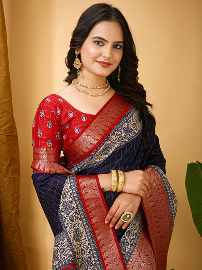 Navy Taant Cotton Silk Printed Saree