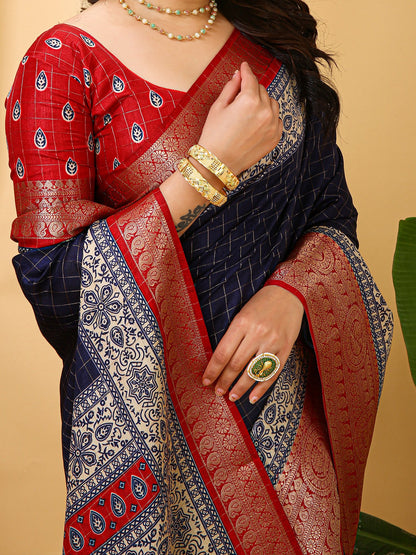 Navy Taant Cotton Silk Printed Saree