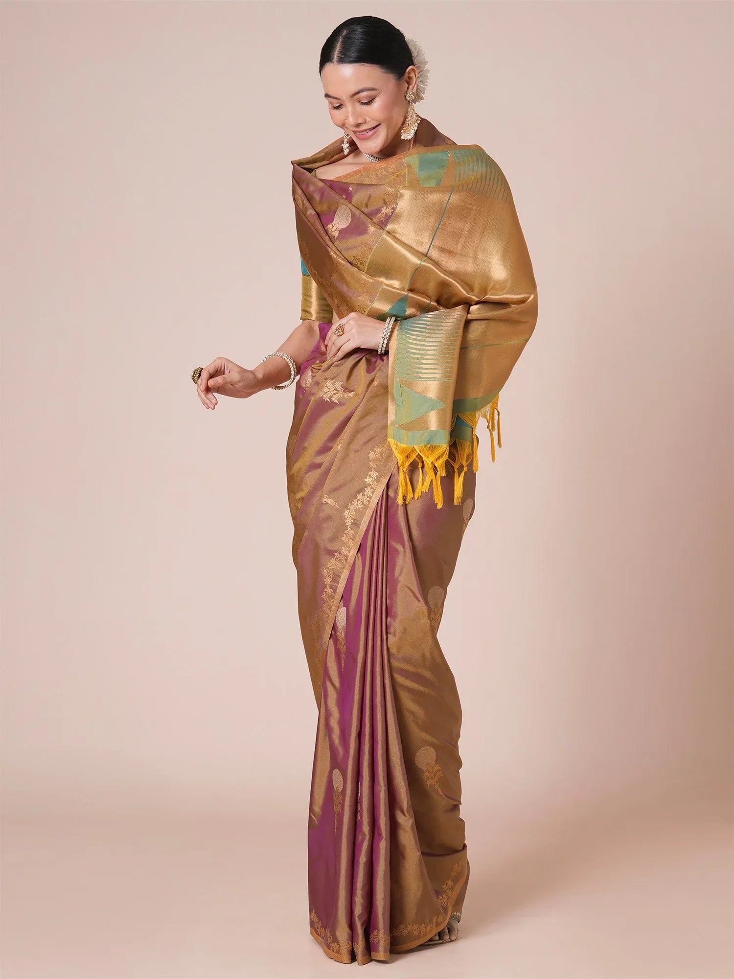 Mauve Jamdani Pure Silk Woven Saree - The Dori Store