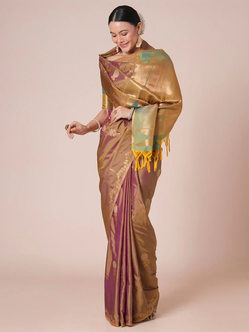 Mauve Jamdani Pure Silk Woven Saree - The Dori Store