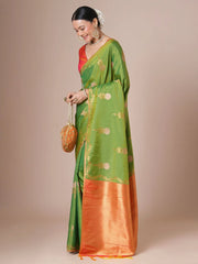 Green Jamdani Pure Silk Woven Saree - The Dori Store