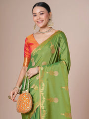 Green Jamdani Pure Silk Woven Saree - The Dori Store