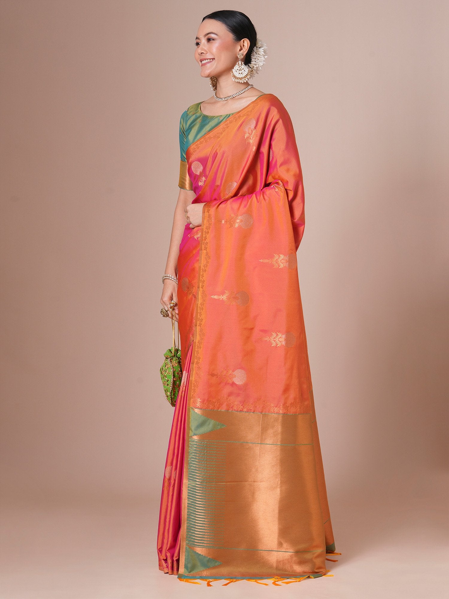 Orange Orange Jamdani Pure Silk Woven Saree