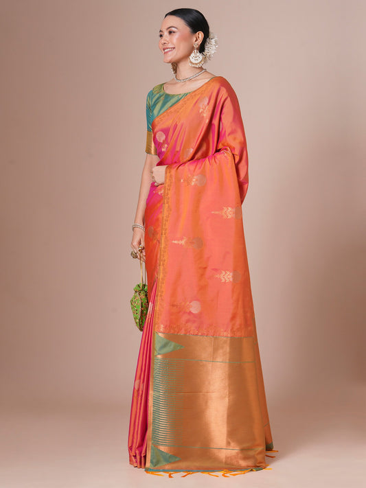Orange Orange Jamdani Pure Silk Woven Saree