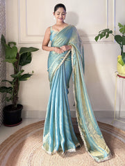 Teal Blue Party Wear Paper Silk Embellished Saree