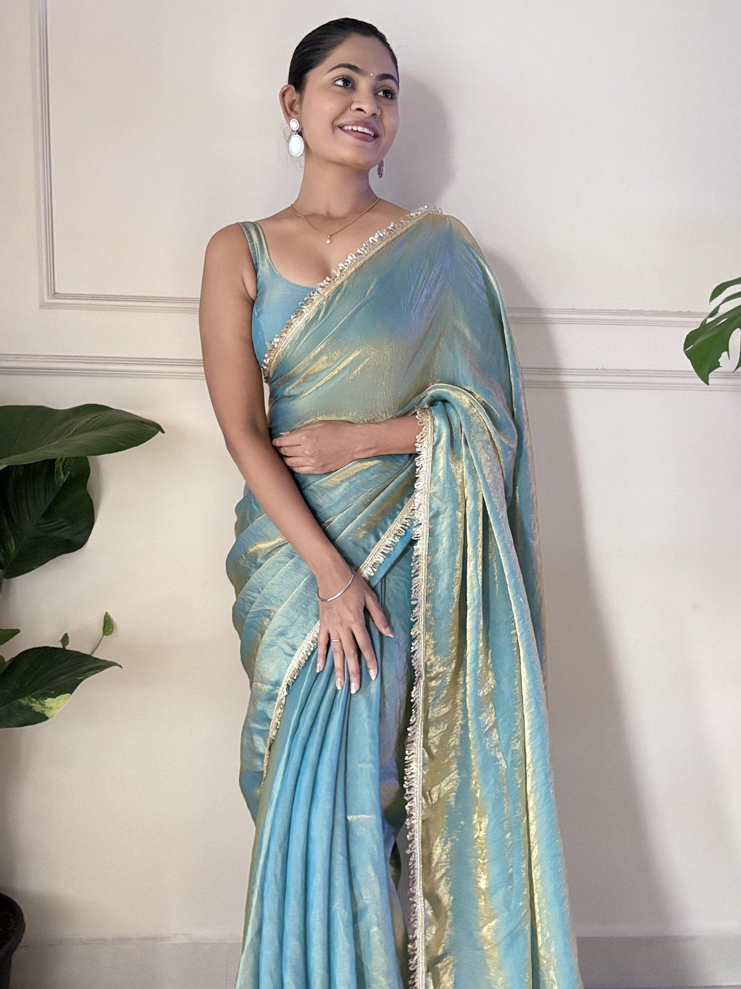 Teal Blue Party Wear Paper Silk Embellished Saree