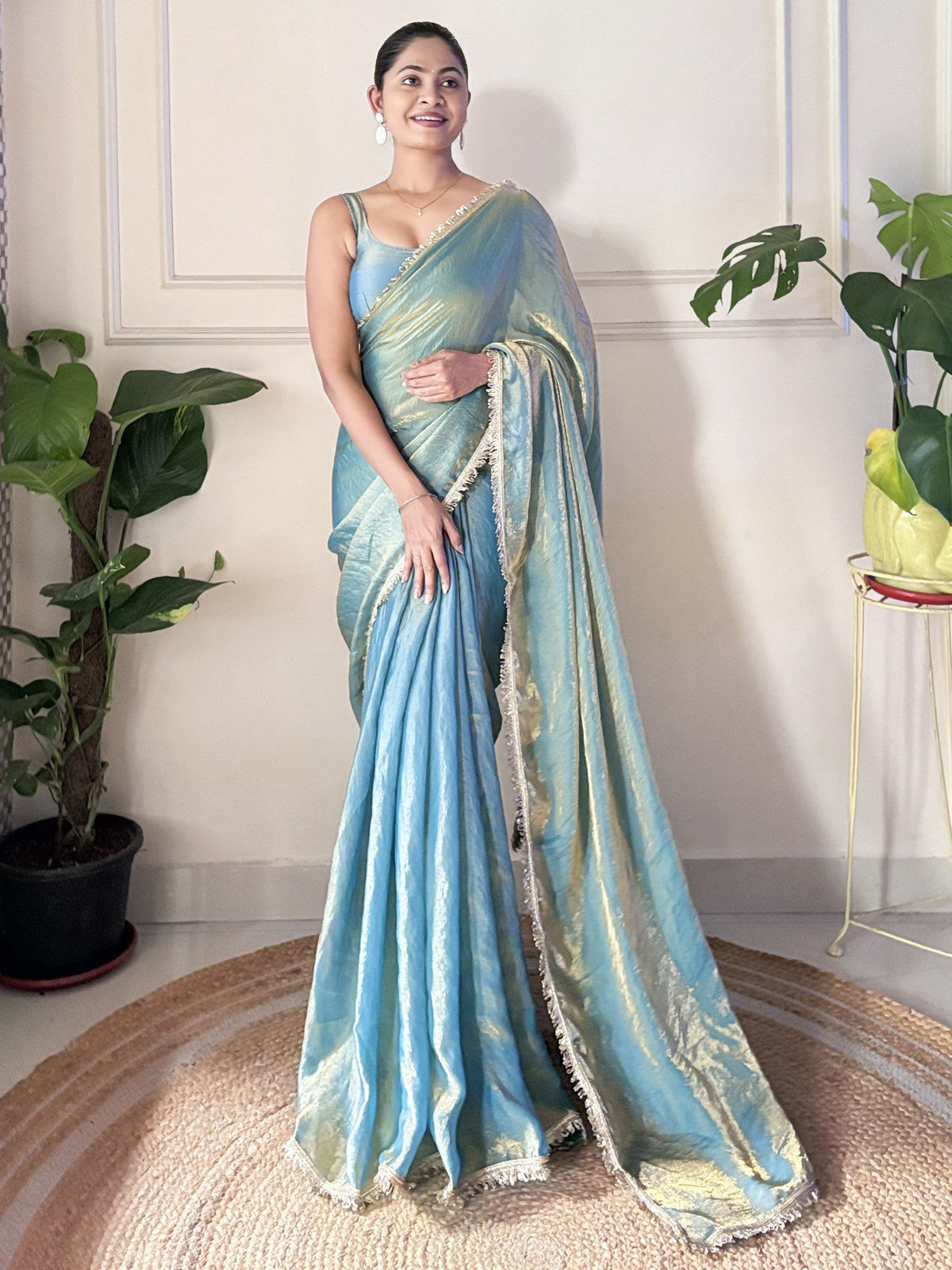 Blue Teal Party Wear Paper Silk Embellished Saree