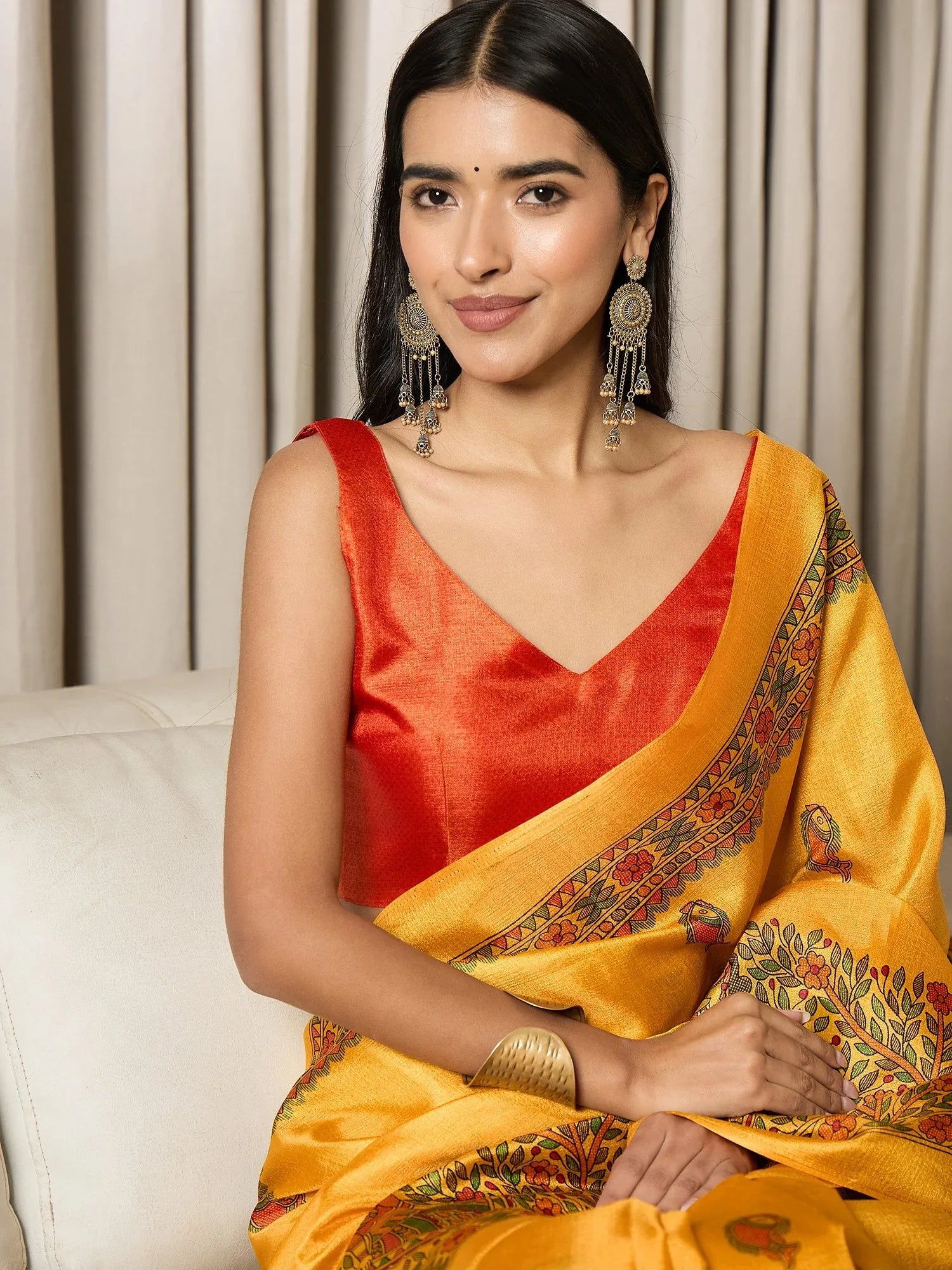 Mustard Tussar Khadi Silk Printed Ready to wear Saree