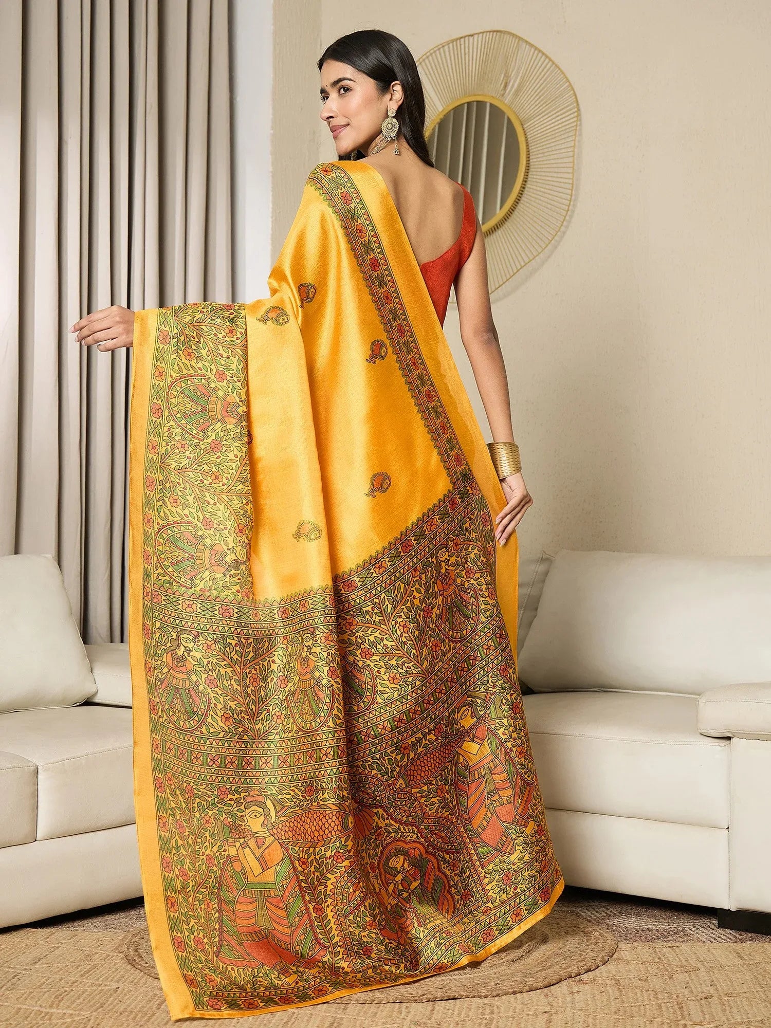 Mustard Tussar Khadi Silk Printed Ready to wear Saree