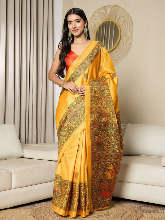 Yellow Mustard Tussar Khadi Silk Printed Saree