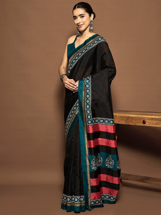Black Black Tussar Bhagalpuri Silk Printed Saree