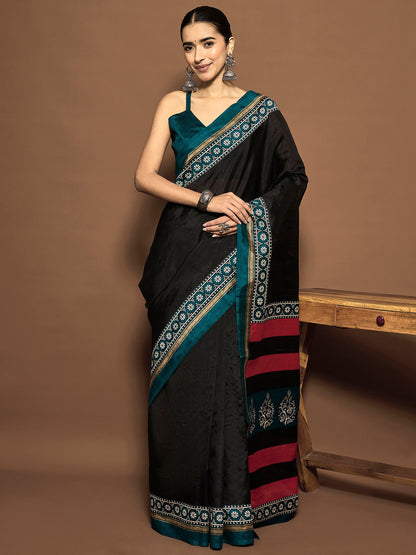 Black Tussar Bhagalpuri Silk Printed Saree