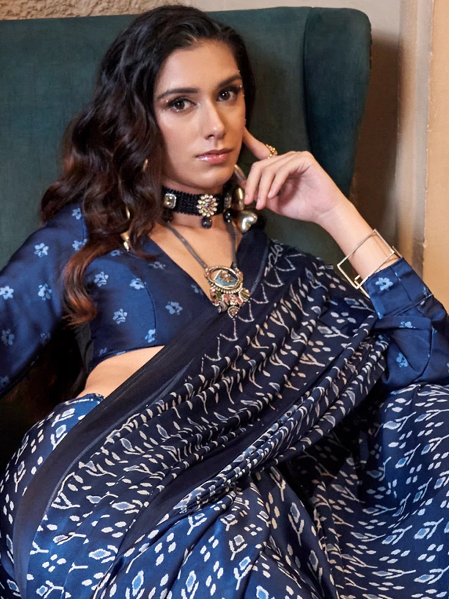 Dark Blue Patola Crepe Printed Saree