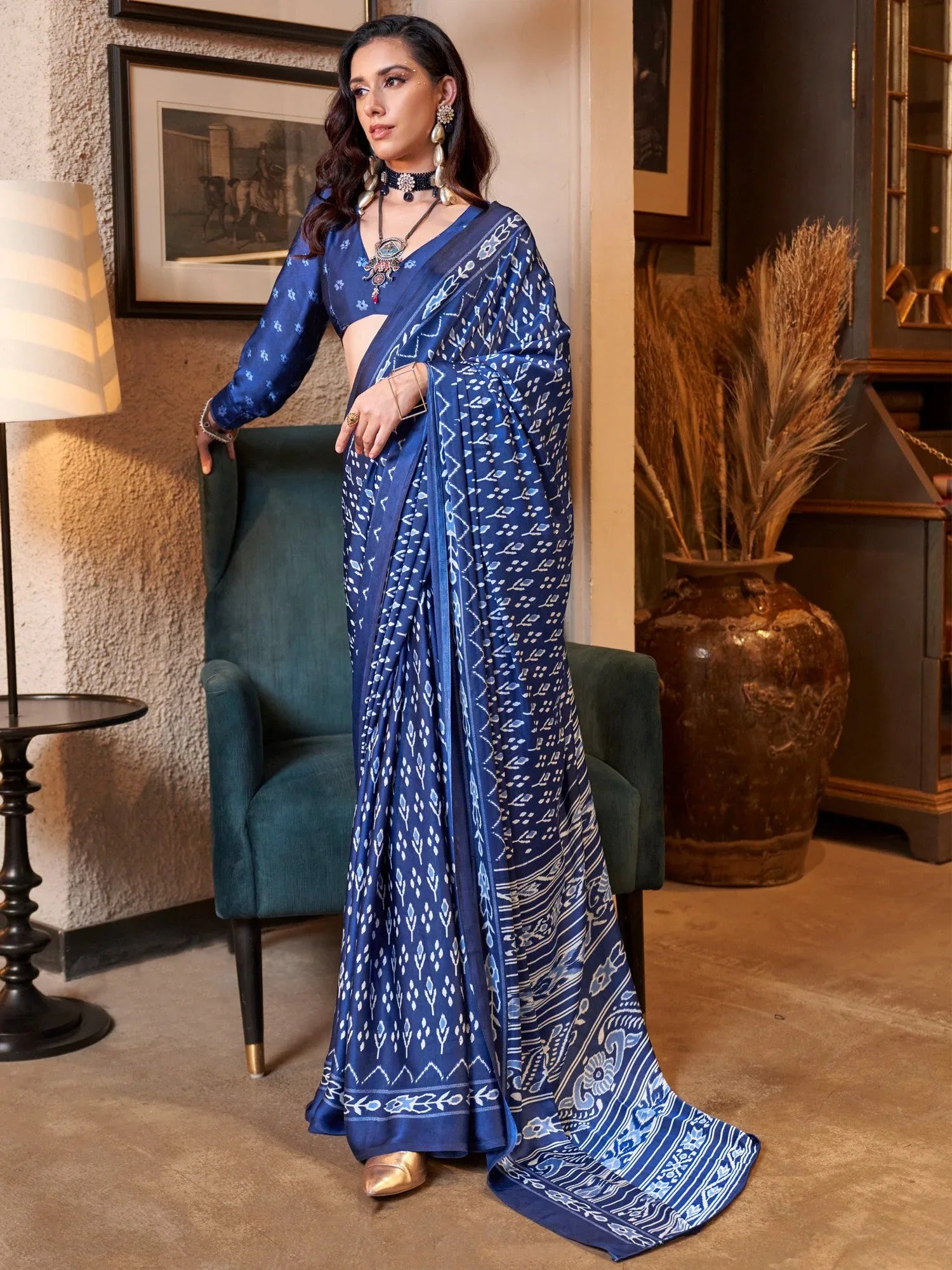 Blue Dark Patola Crepe Printed Saree