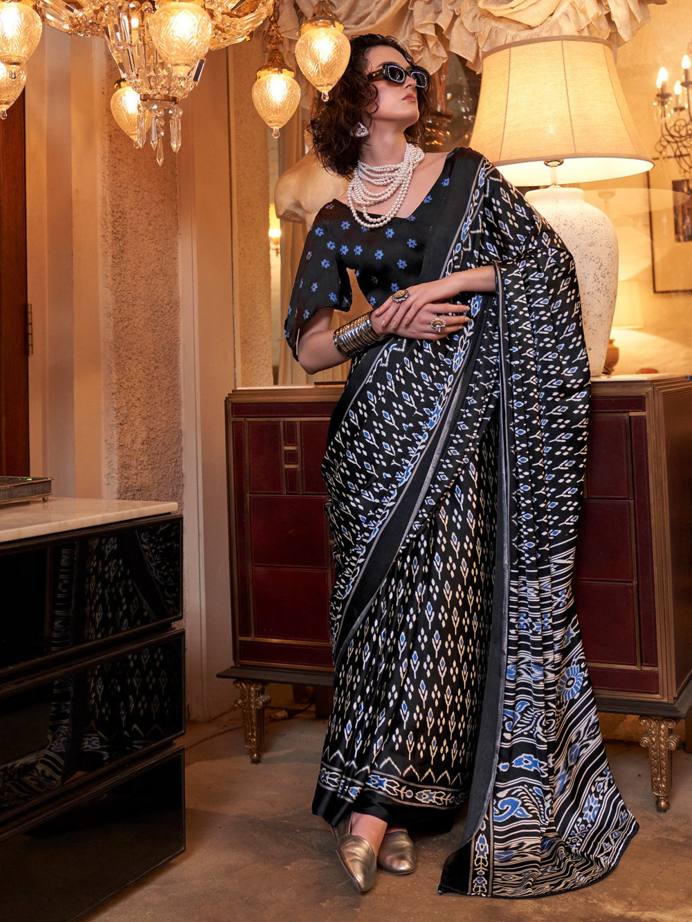 Black Black Patola Crepe Printed Saree