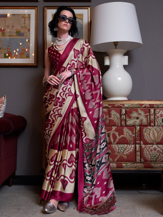 Maroon Magenta Patola Crepe Printed Saree