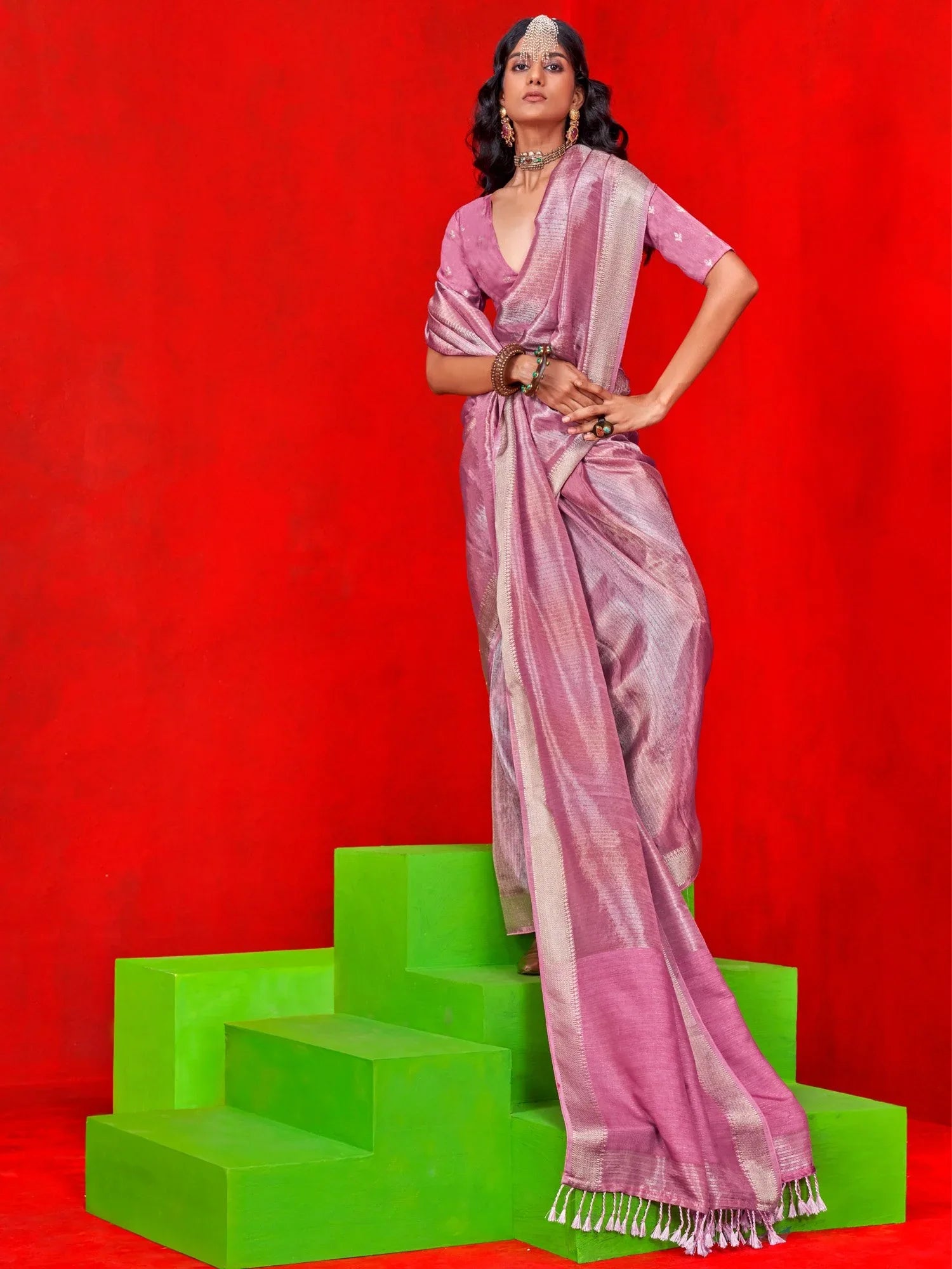 Mauve Banarasi Viscose Embellished Saree - The Dori Store