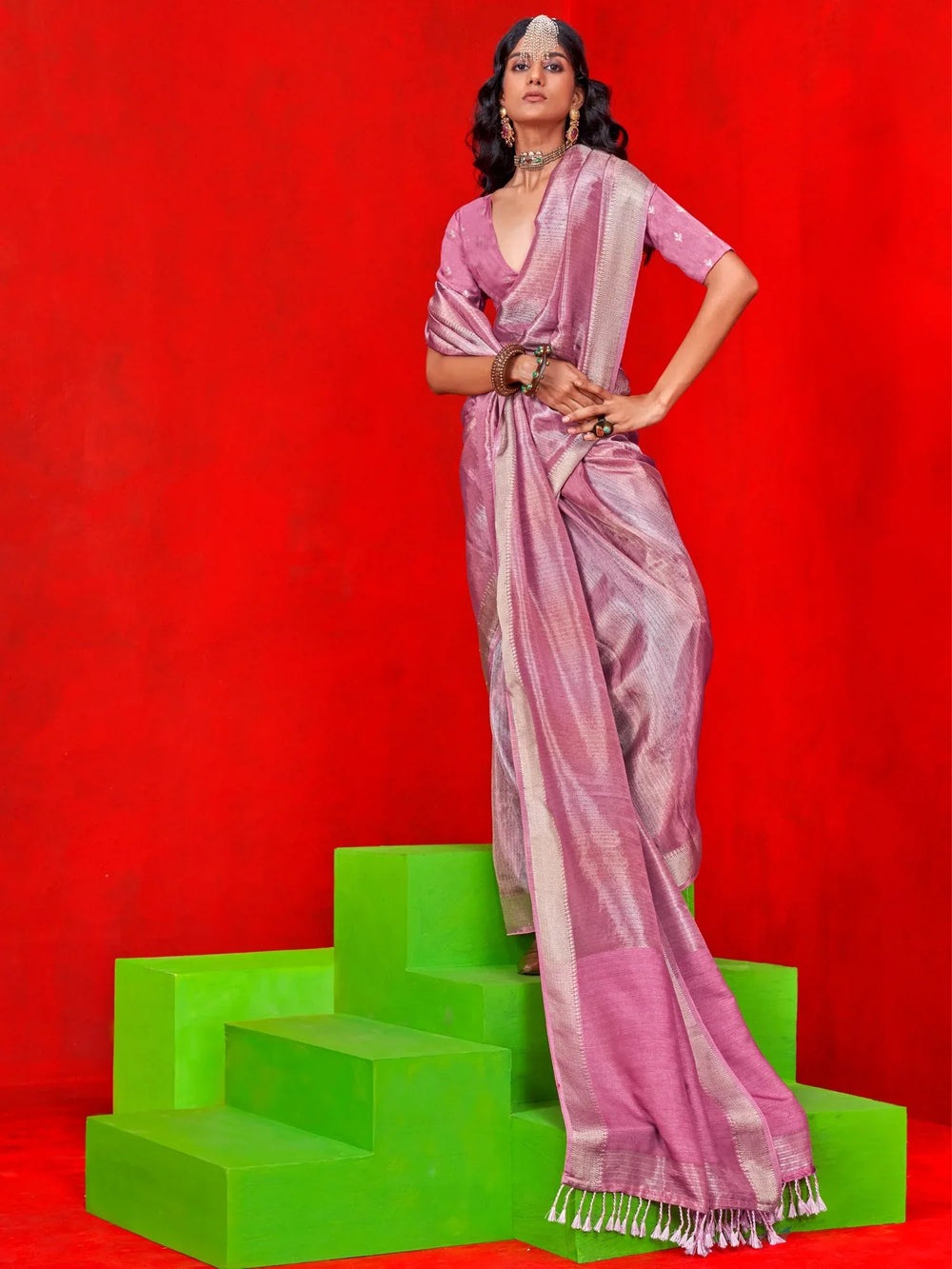 Mauve Banarasi Viscose Embellished Saree - The Dori Store