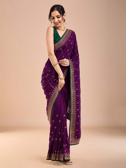 Purple Party Wear Vichitra Silk Embroidered Saree