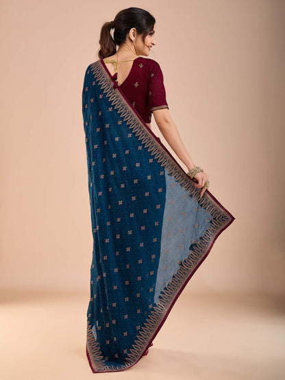 Blue Party Wear Vichitra Silk Embroidered Saree