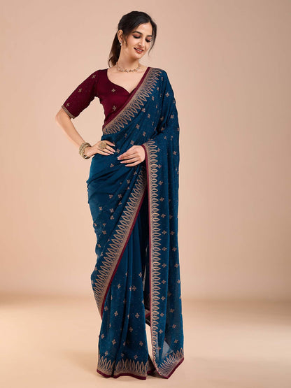 Blue Party Wear Vichitra Silk Embroidered Saree