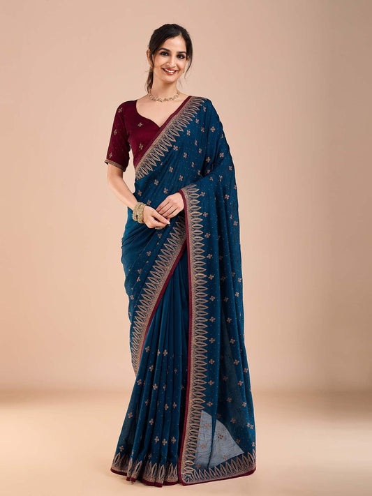 Blue Blue Party Wear Vichitra Silk Embroidered Saree