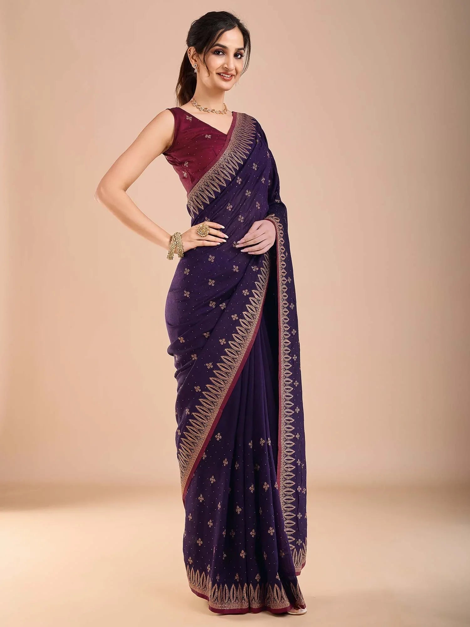 Indigo Party Wear Vichitra Silk Embroidered Saree
