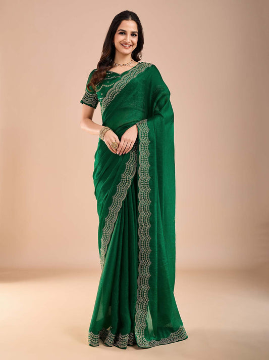 Green Green Party Wear Tissue Embellished Saree