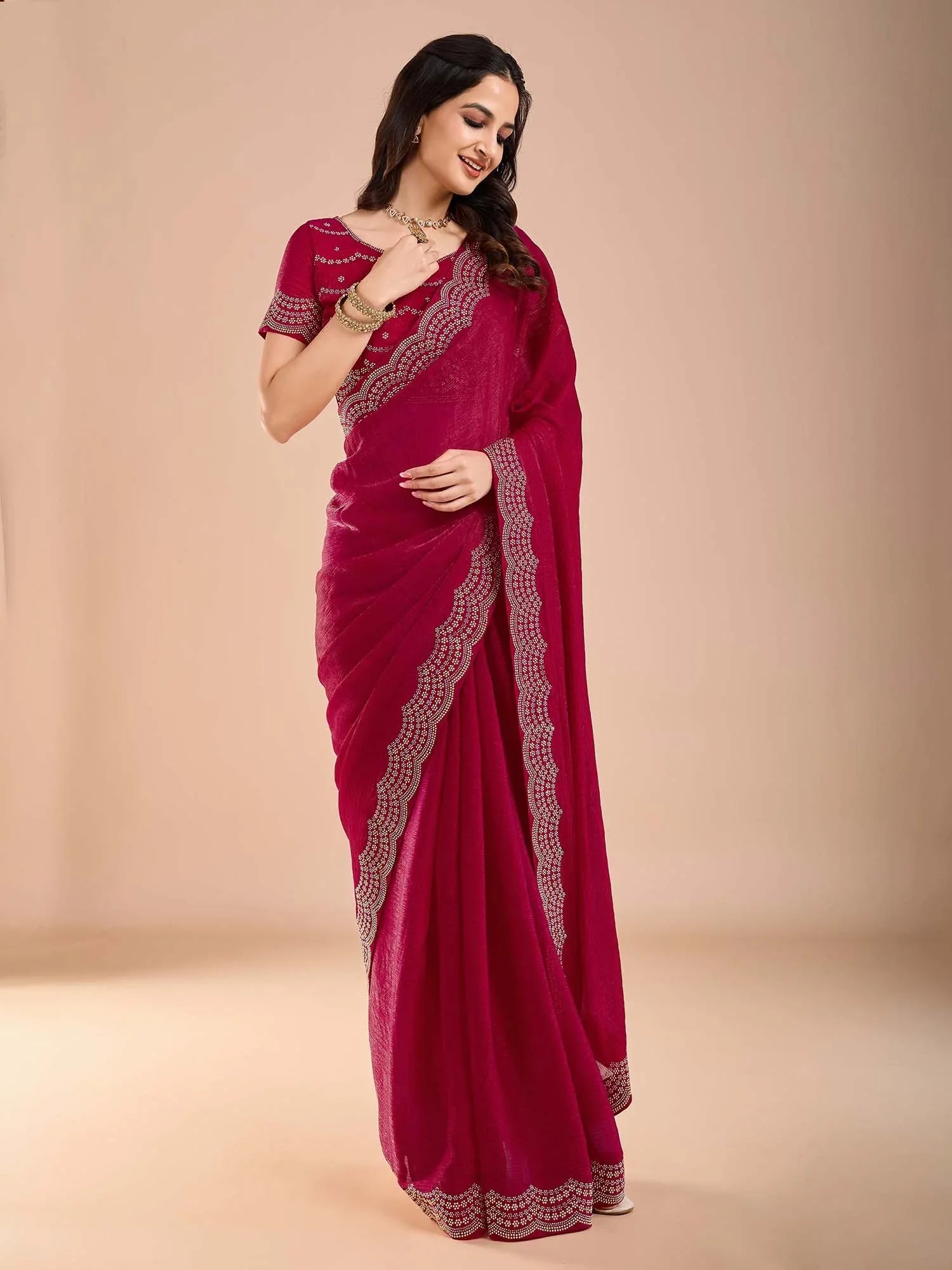 Pink Party Wear Tissue Embellished Saree