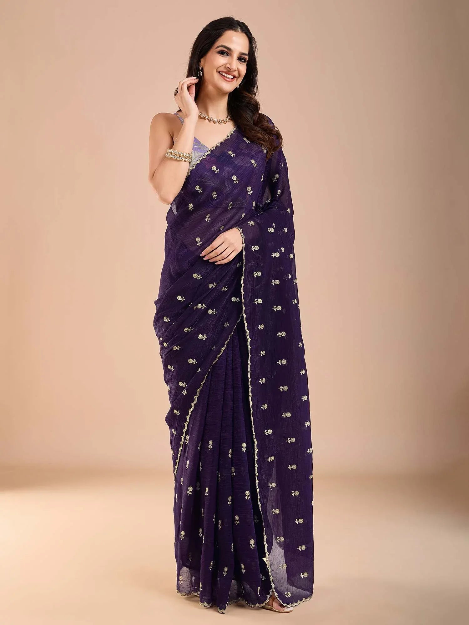 Purple Party Wear Tissue Embellished Saree