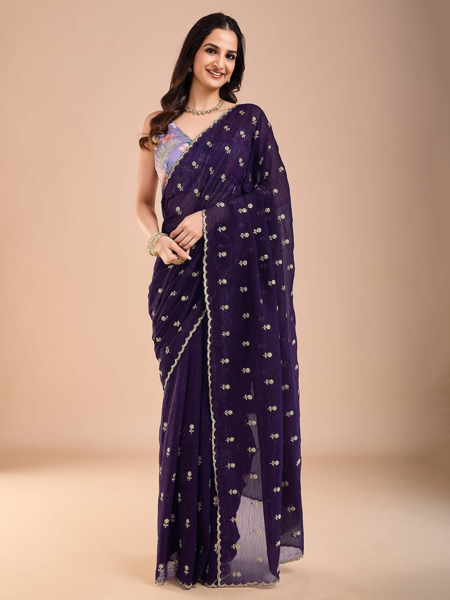 Purple Purple Party Wear Tissue Embellished Saree