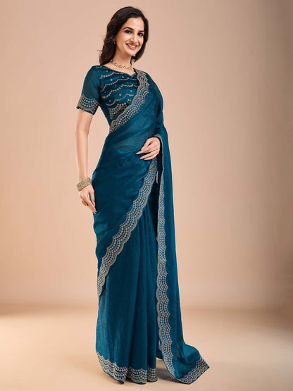Teal Party Wear Tissue Embellished Saree